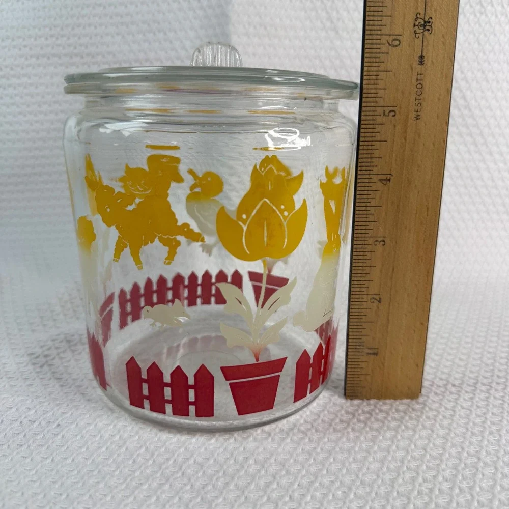 Vintage 1940s Anchor Hocking Glass Canister Jar with Lid Bunny Duck Tulip 6in